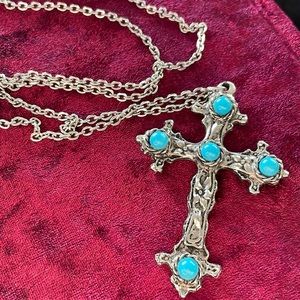 LARGE BOHEMIAN VINTAGE CROSS WITH TURQUOISE RESIN ACCENTS ON LONG CHAIN